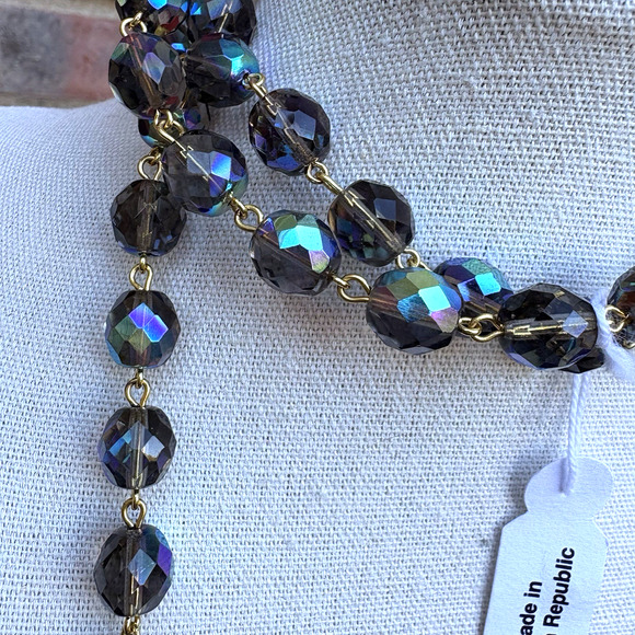 VTG Joan Rivers Lariat Necklace Czech Glass Aurora Borealis Beaded Gold Tone 44" - Picture 6 of 9